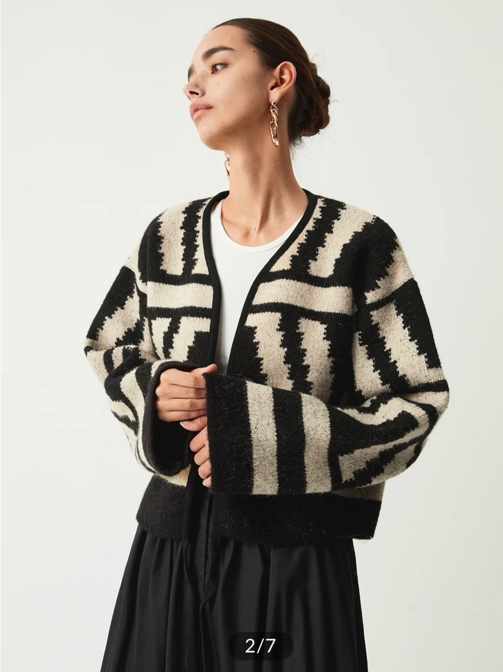 Commense Black and Cream Geometric Open-Front Cardigan